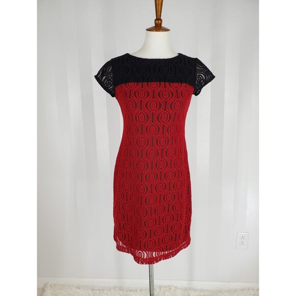 MAGGY LONDON Women's Red & Black Lace Overlay Sheath Dress Sz 2 - Picture 1 of 9